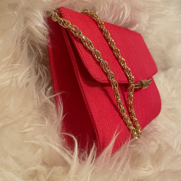 Vintage RODO Italy Red Clutch | Silk-Linen Purse, Brass Clasp + Chain Strap - Picture 2 of 13